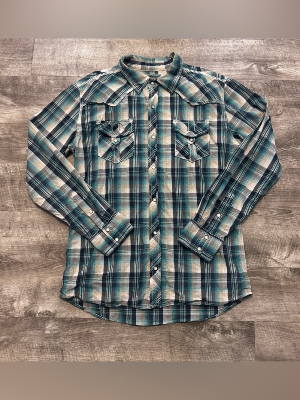 BKE Athletic Fit Long Sleeve Pearl Snap Western Teal Gray Plaid Shirt Mens Sz. L